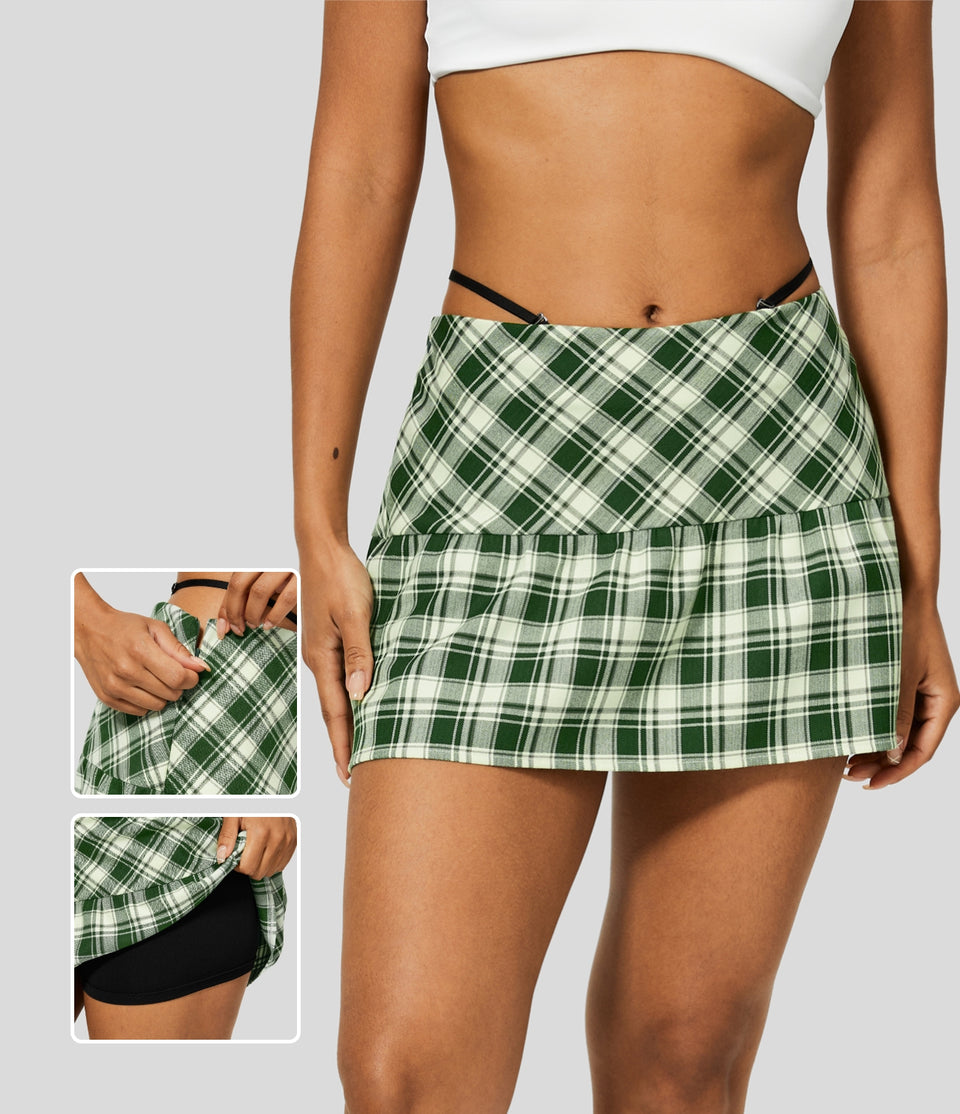 Low Rise Removable Strap Ruched Invisible Zipper 2-in-1 Plaid Mini Casual Skirt