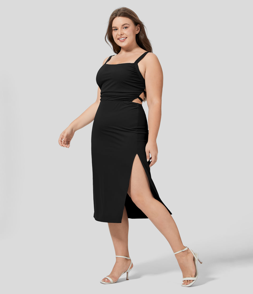 Ruched Split Backless Crisscross Lace Up Bodycon Midi Casual Plus Size Dress