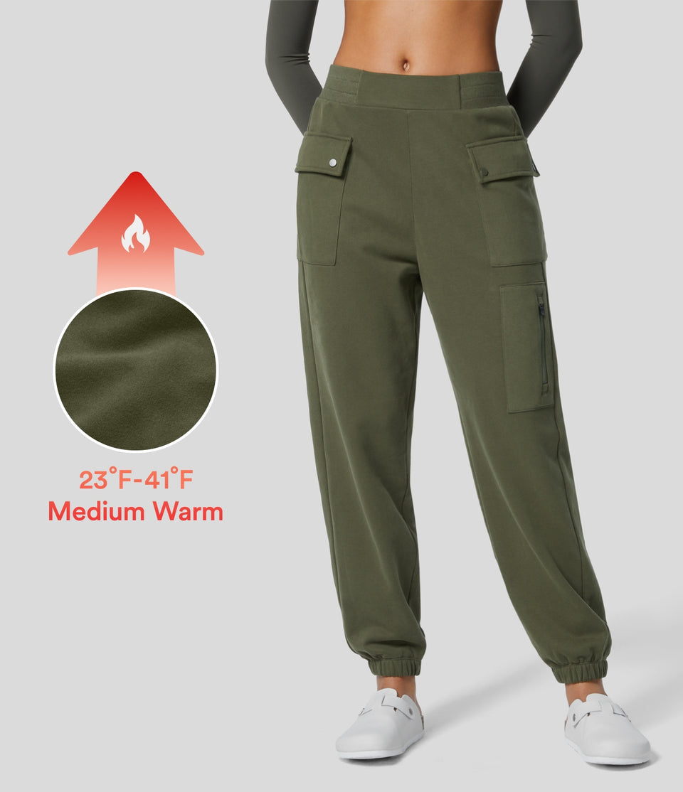 Mid Rise Elastic Waistband Multiple Pockets Zipper Fleece Hiking Cotton Cargo Sweatpants
