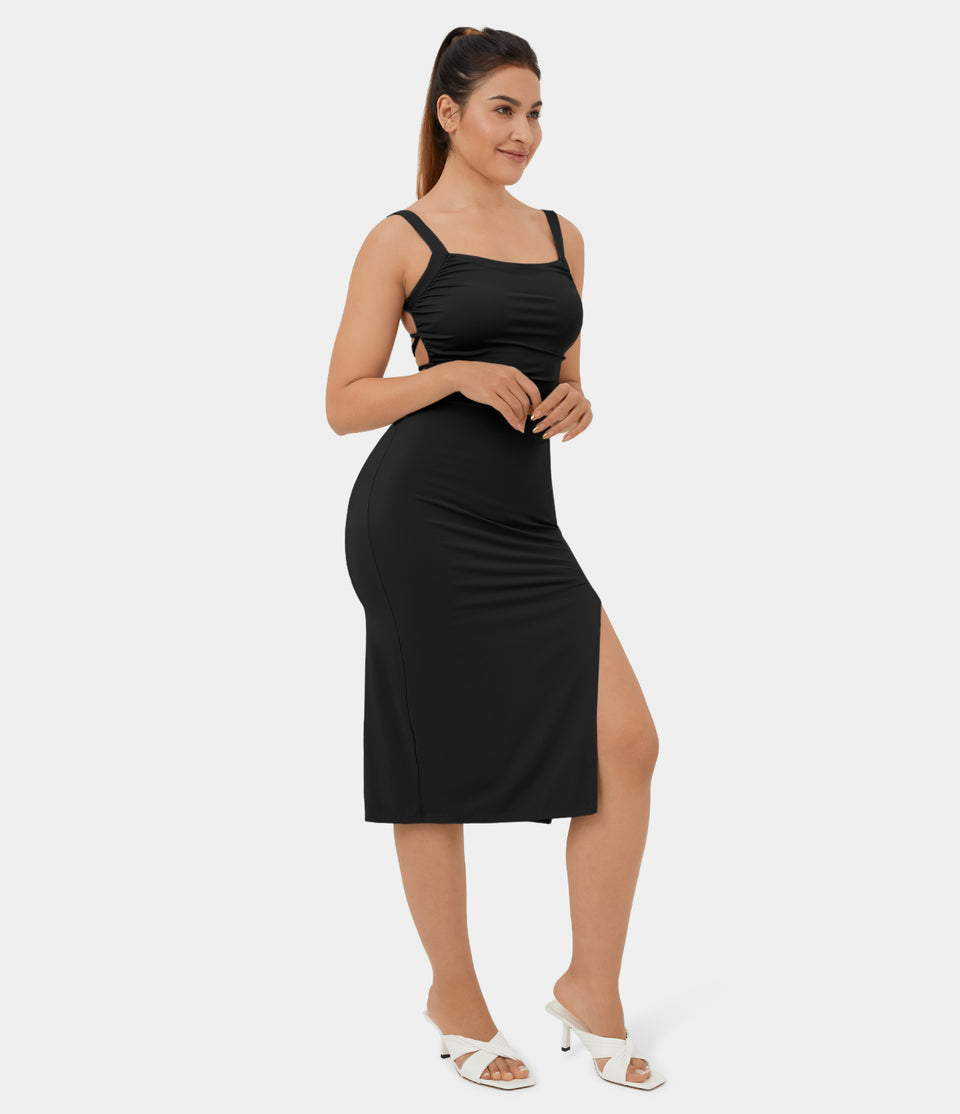 Ruched Backless Crisscross Lace Up Split Bodycon Midi Casual Dress