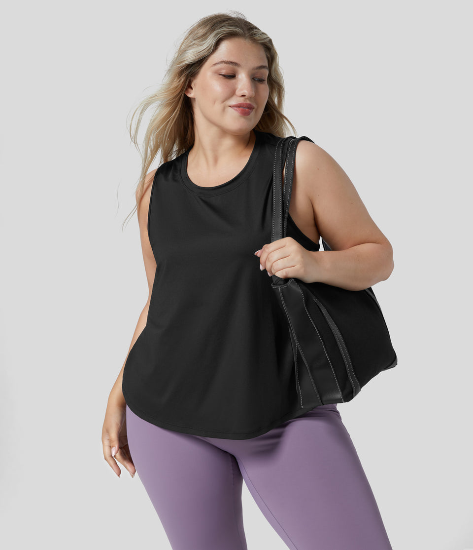 Cut Out Crossover Hem Solid Yoga Plus Size Tank Top