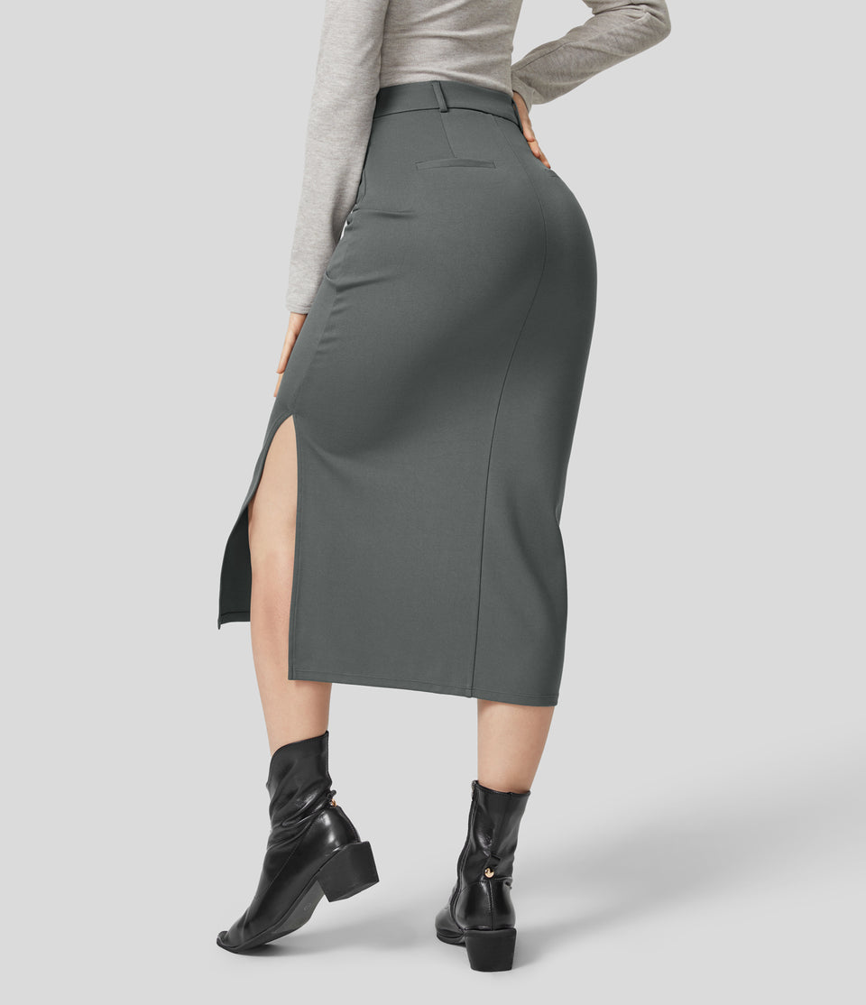 High Waisted Button Zipper Front Side Pocket Split Bodycon Midi Work Skirt