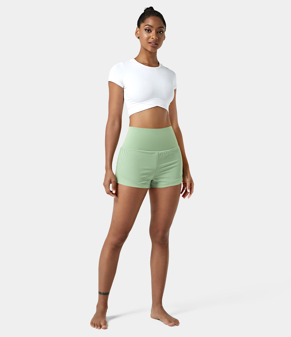 High Waisted Mesh Back Waistband Pocket 2-in-1 Casual Shorts 2"