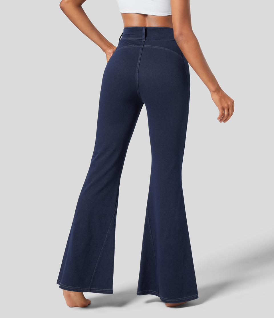 HalaraMagic™ High Waisted Side Pocket Split Hem Stretchy Knit Casual Full Length Flare Jeans