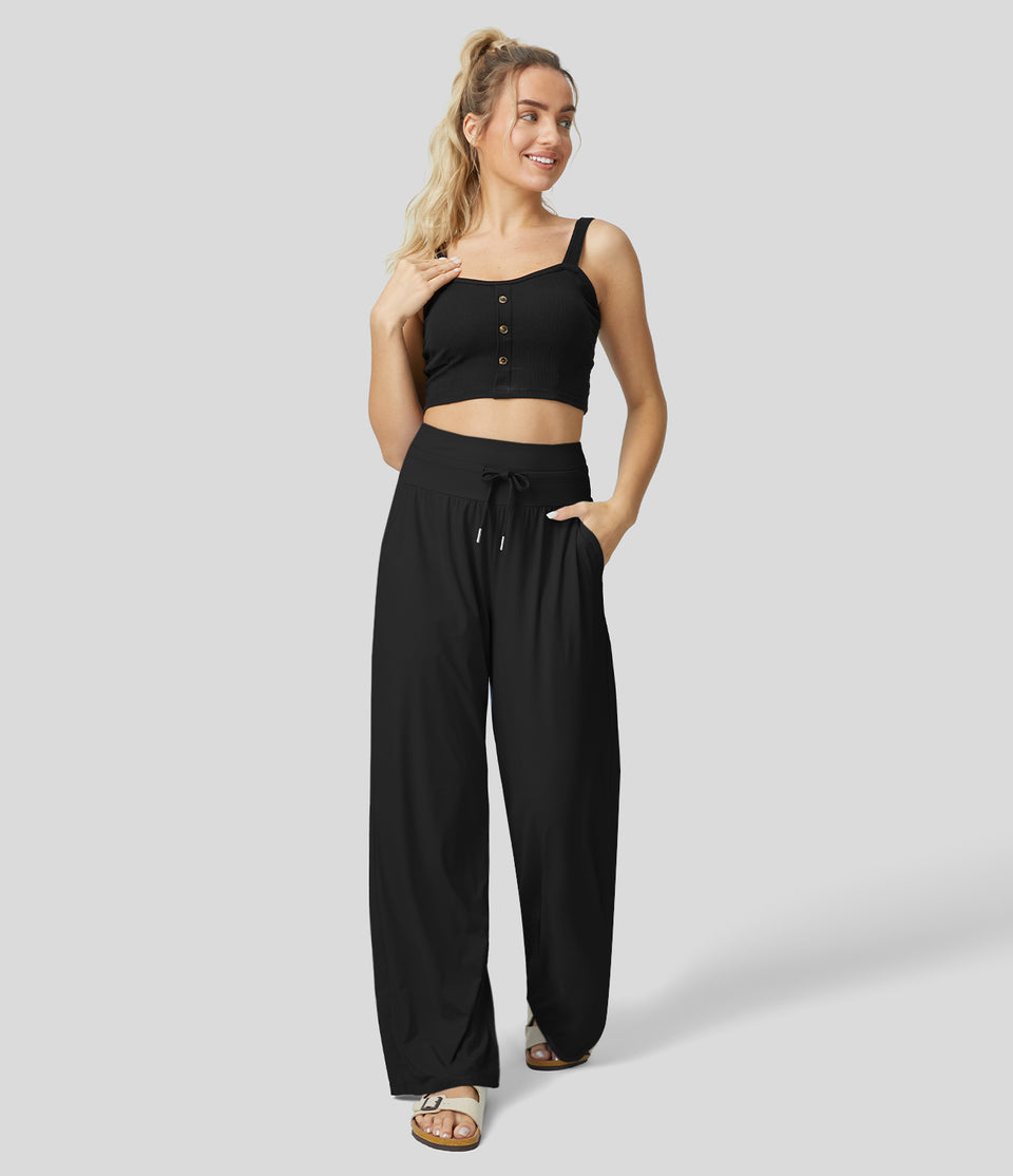 High Waisted Drawstring Side Pocket Wide Leg Cool Touch Casual Pants-UPF50+