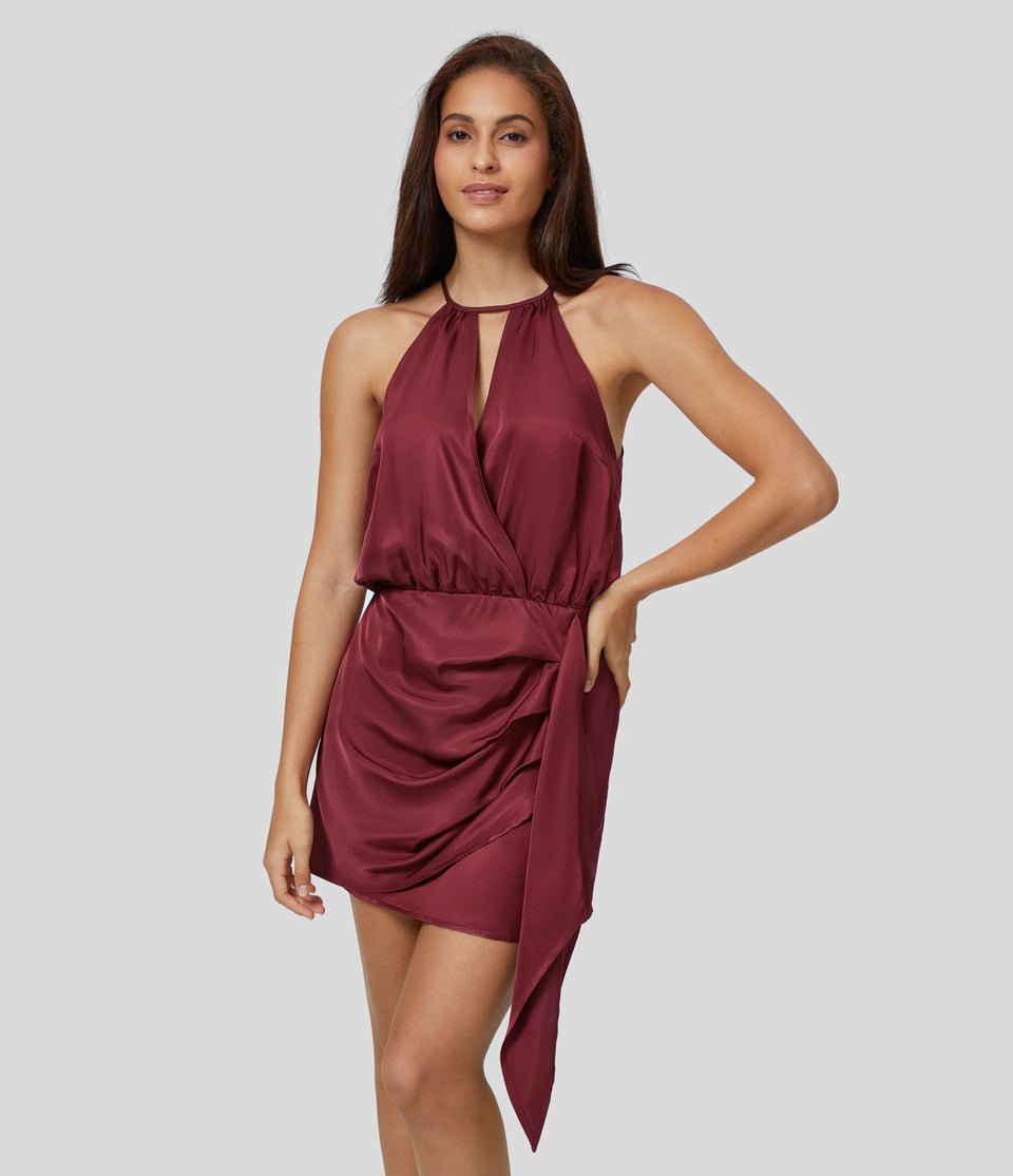 Halter Neck Tie Back Backless Ruched Satin-Like Mini Party Dress