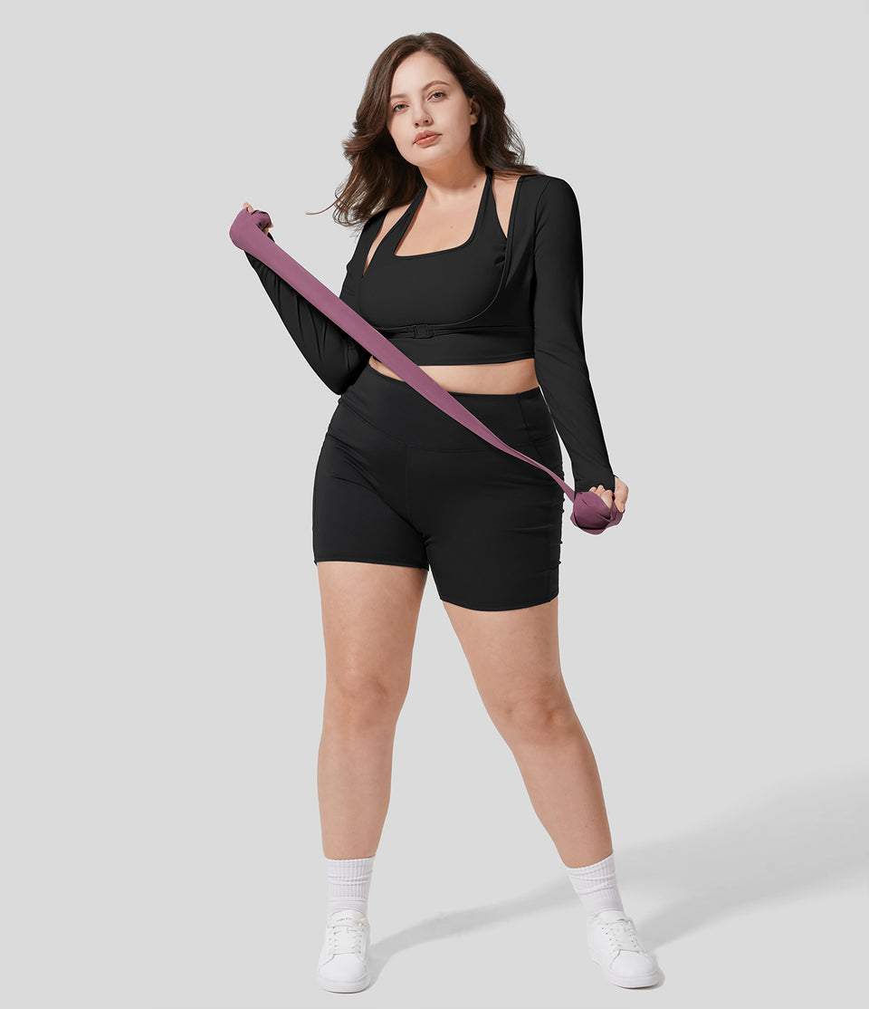Softlyzero™ Plush Halter Thumb Hole Long Sleeve Cropped 2-in-1 Yoga Plus Size Sports Top-UPF50+