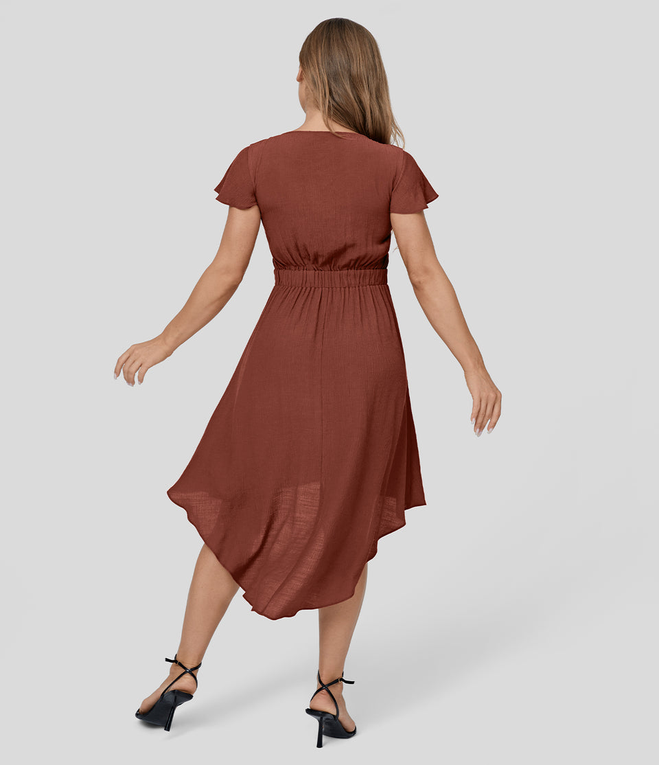 V Neck Short Sleeve Tie Front & Back Cut Out High Low Flowy Midi Casual Dress