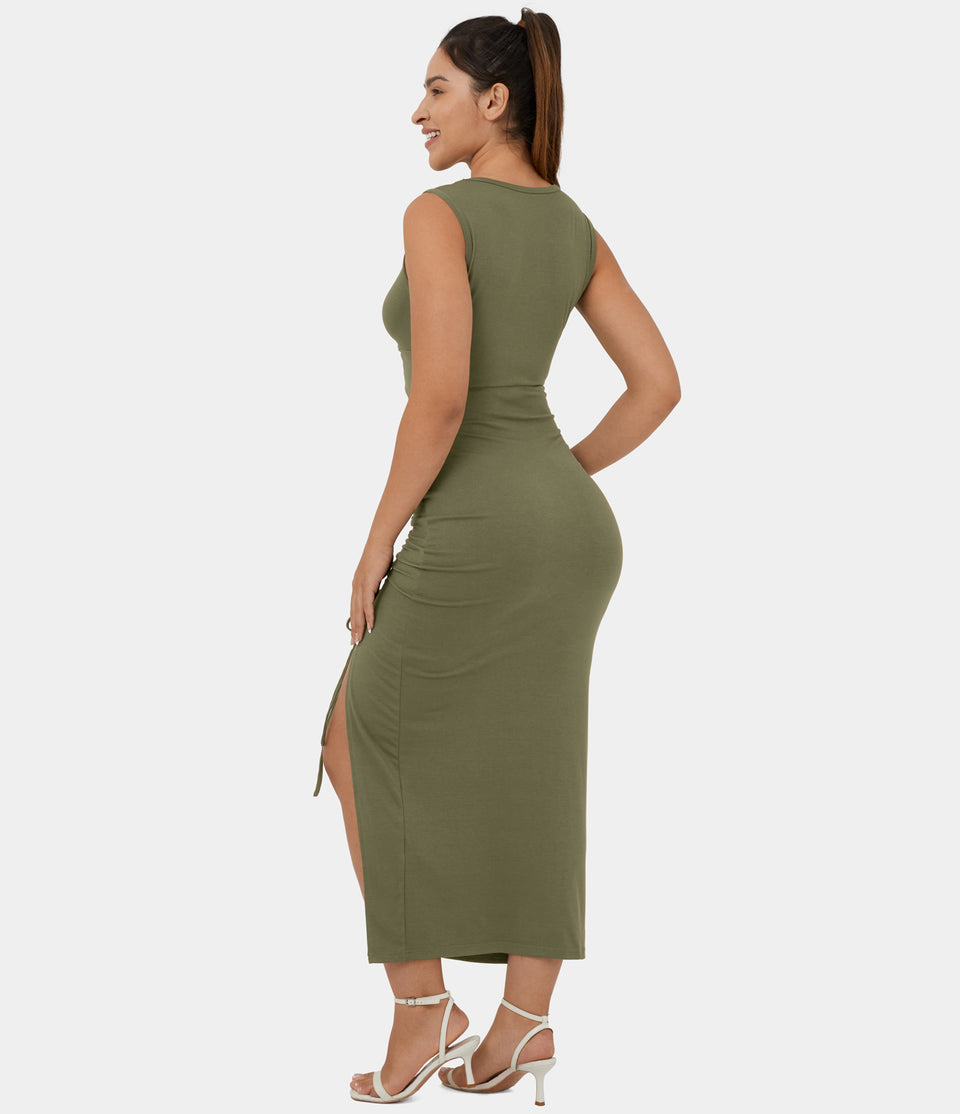 Round Neck Twisted Cut Out Ruched Drawstring Split Hem Bodycon Midi Casual Dress