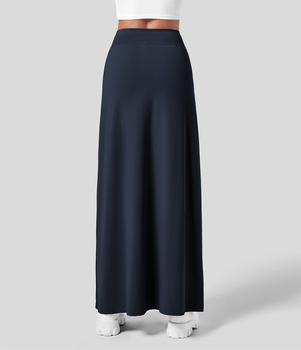 High Waisted Decorative Buckle Split 2-in-1 Maxi Casual Skirt