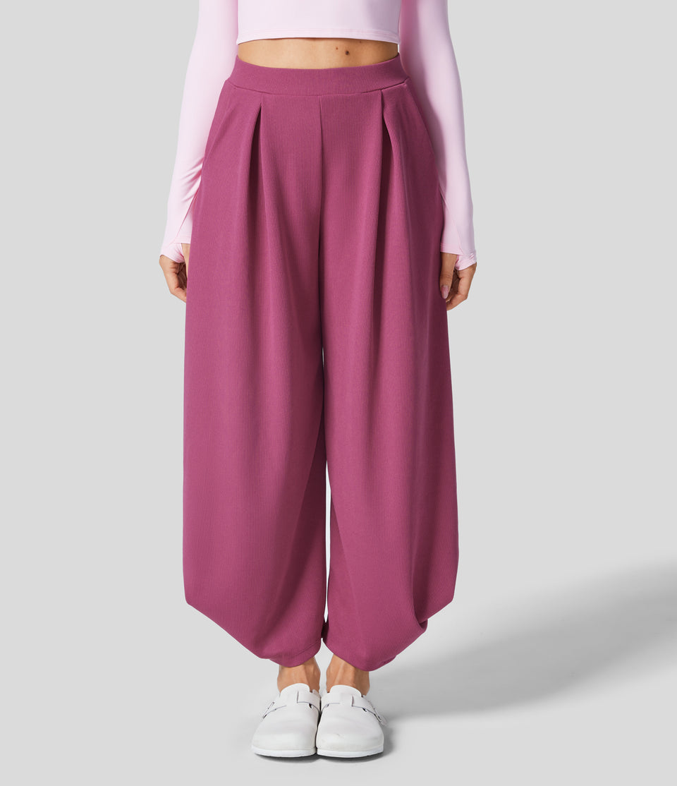 Ribbed High Waisted Plicated Multiple Pockets Solid Casual Harem Pants