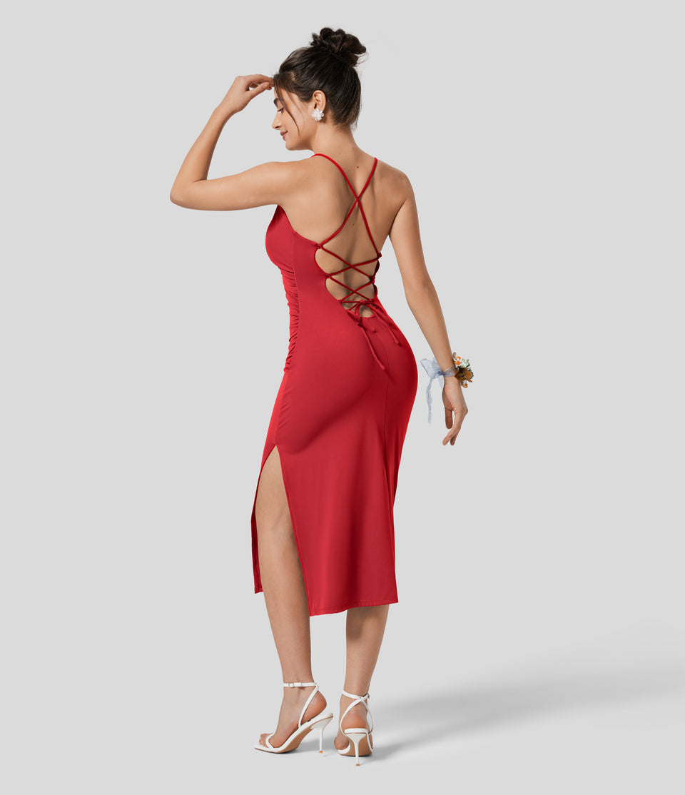 Softlyzero™ Airy Crossover Ruched Backless Lace Up Split Bodycon Cool Touch Bridesmaid And Wedding Guest Dress-UPF50+