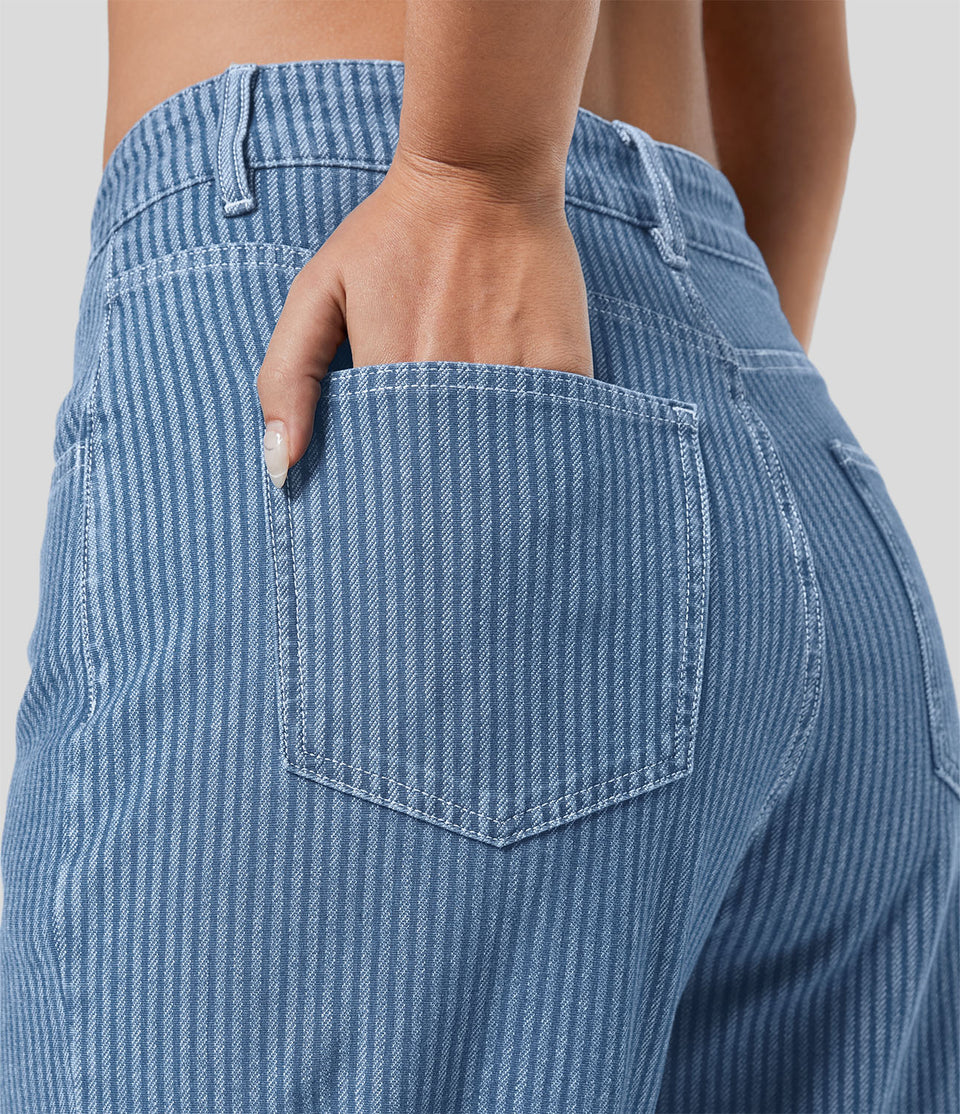 HalaraMagic™ Mid Rise Multiple Pockets Ankle Length Striped Washed Stretchy Knit Casual Mom Jeans
