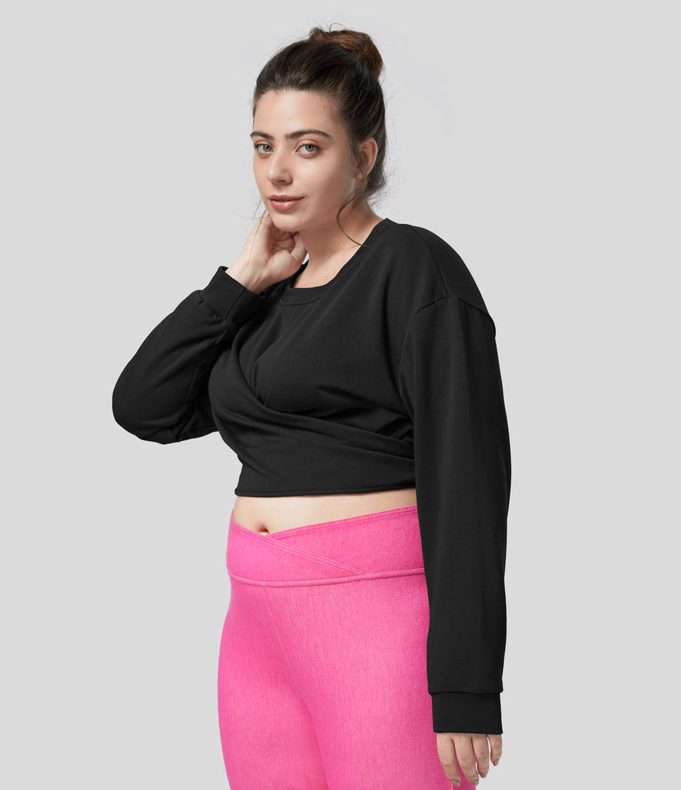 Dropped Shoulder Tie Back Cropped Casual Plus Size Sweatshirt