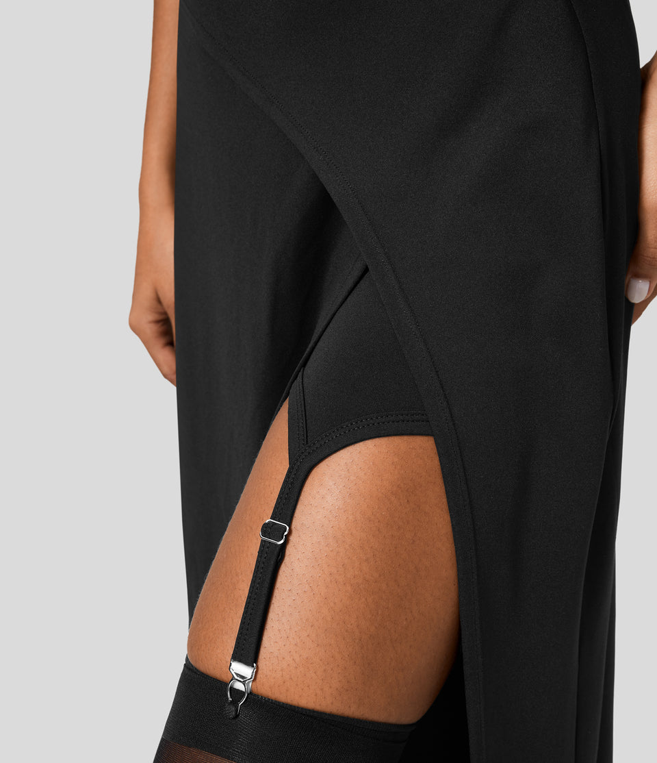 High Waisted Crossover Split 2-in-1 Adjustable Garter With Metal Clips Work Skirt
