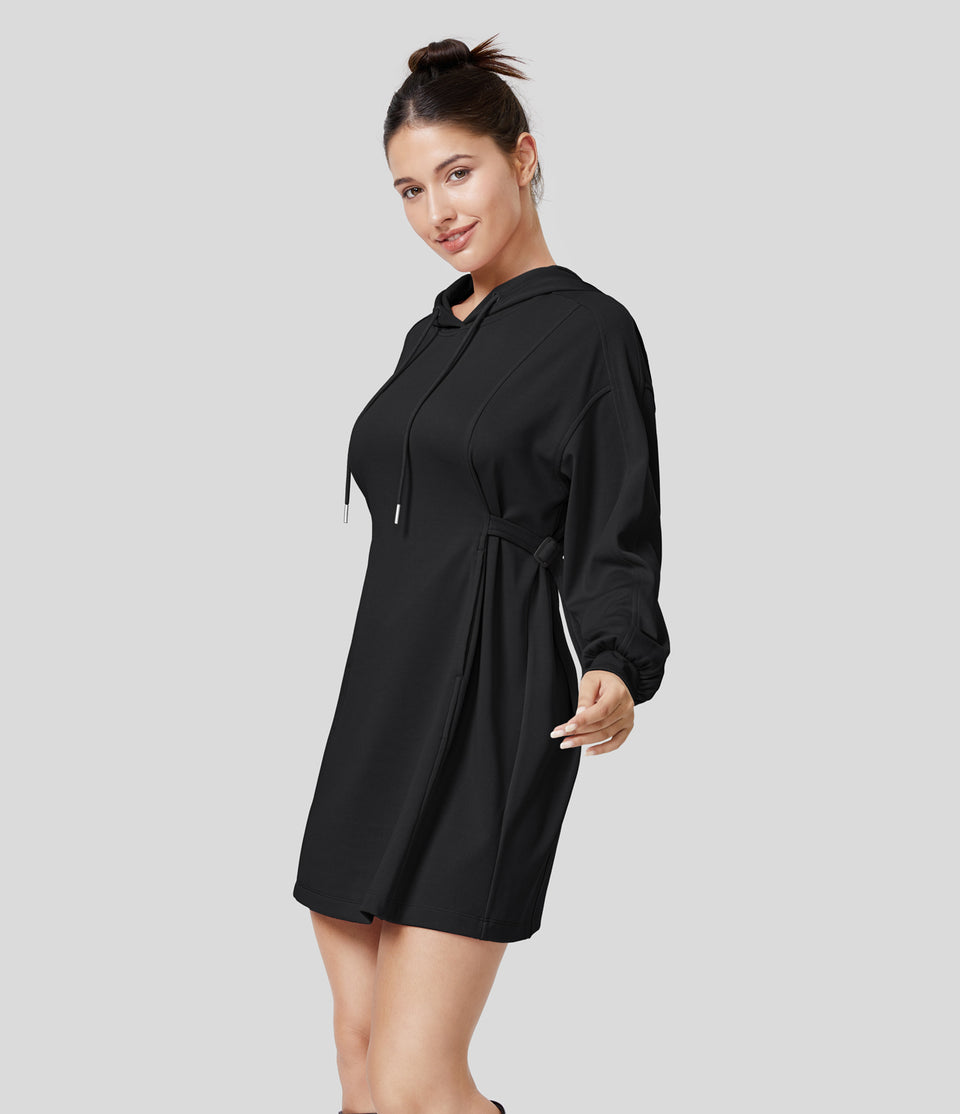 Ribbed Hooded Drawstring Adjustable Buckle Long Sleeve Side Pocket Mini Casual Dress