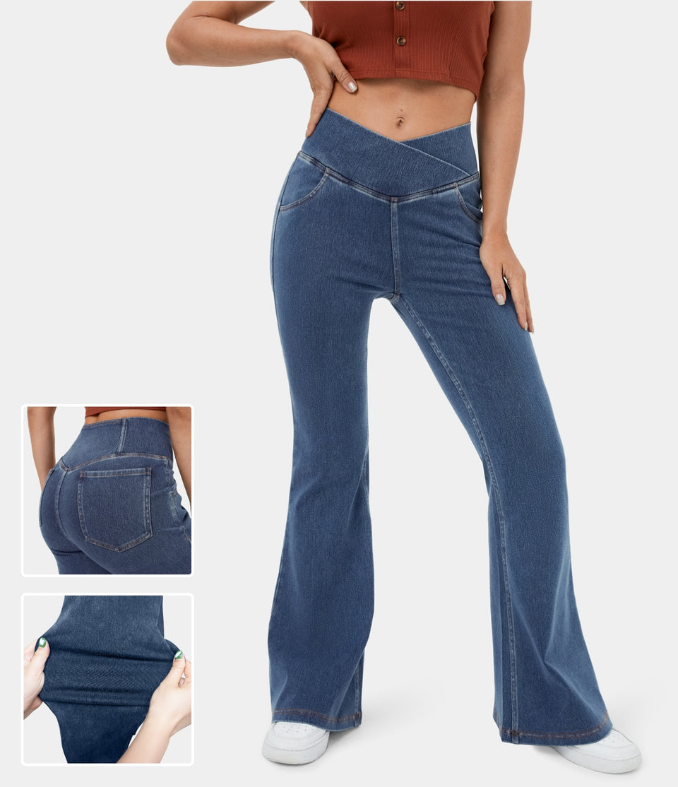 HalaraMagic™ High Waisted Crossover Pocket Washed Stretchy Knit Casual Super Flare Jeans
