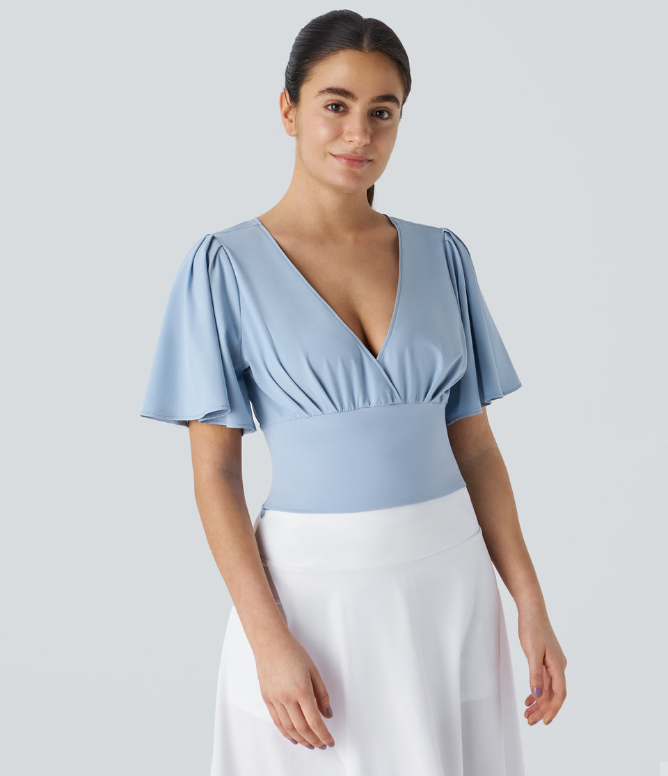 Breezeful™ Deep V Neck Ruffle Short Sleeve Invisible Zipper Quick Dry Cropped Resort Blouse