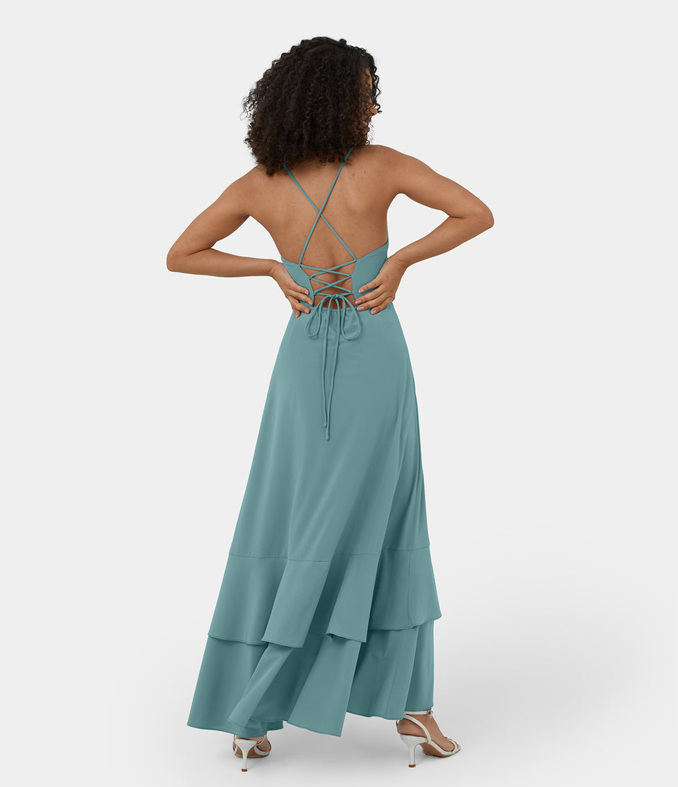 Breezeful™ Backless Crisscross Lace Up Side Zipper Ruffle Split Hem Maxi Quick Dry Casual Dress