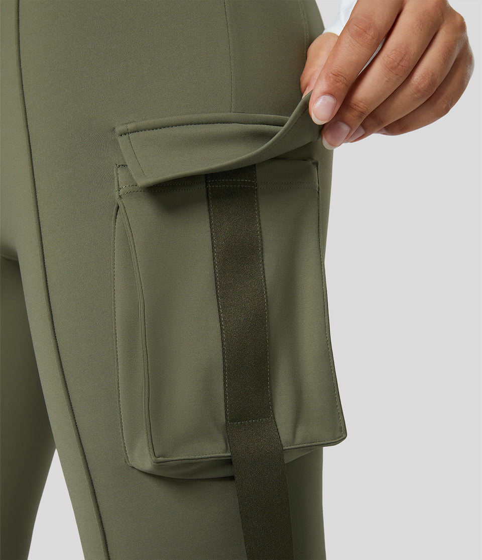 Softlyzero™ Fleece High Waisted Side Flap Pocket Cargo Flare Work Full Length Leggings