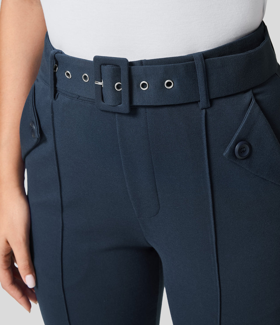 High Waisted Belted Side Pocket Work Suit Pants