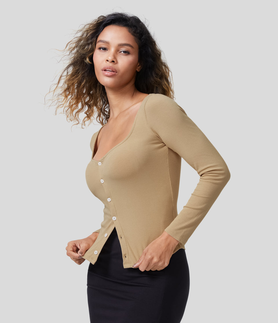 Ribbed Knit U Neck Button Front Slim Casual Top