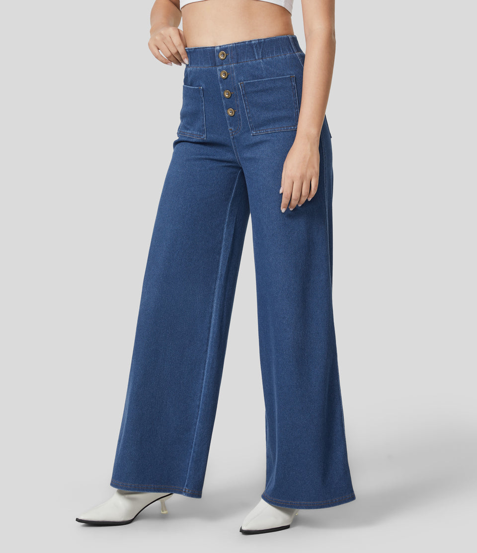 HalaraMagic™ High Waisted Button Multiple Pockets Washed Stretchy Knit Casual Wide Leg Full Length Jeans