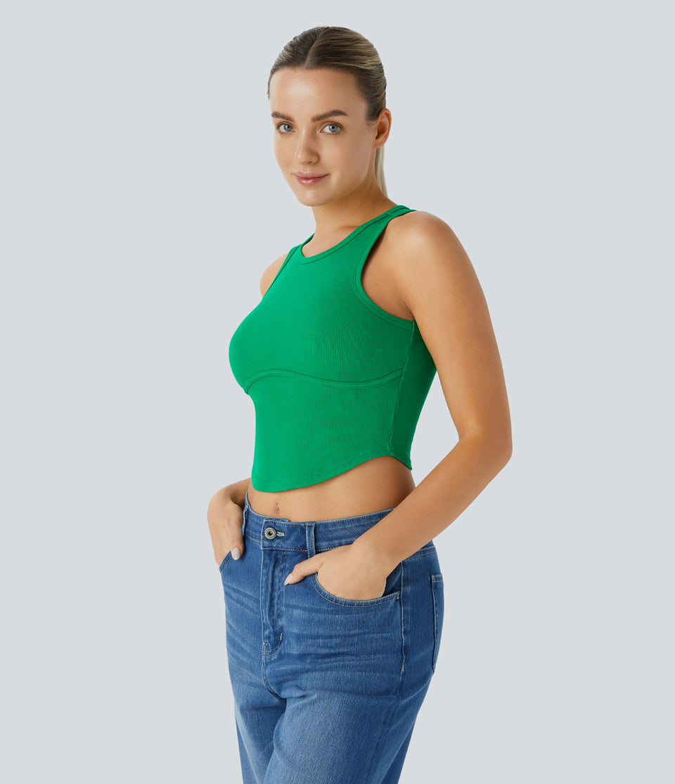Ribbed Knit Curved Hem Cropped Skinny Casual Tank Top