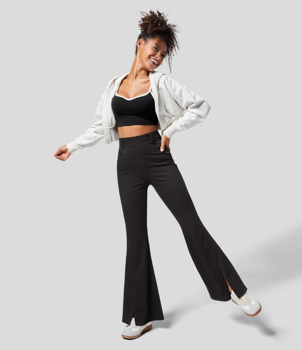 HalaraMagic™ High Waisted Side Pocket Split Hem Stretchy Knit Casual Full Length Flare Jeans