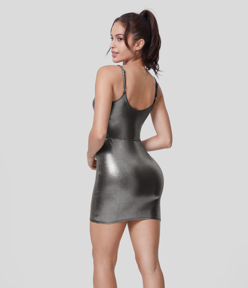 Softlyzero™ Faux Leather Backless Metallic Foil Print Stretchy Bodycon Mini Party Dress