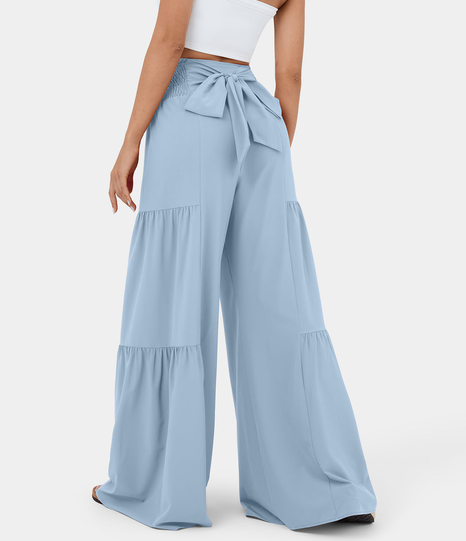 Breezeful™ High Waisted Shirred Tie Front & Back Plicated Wide Leg Flowy Quick Dry Casual Pants