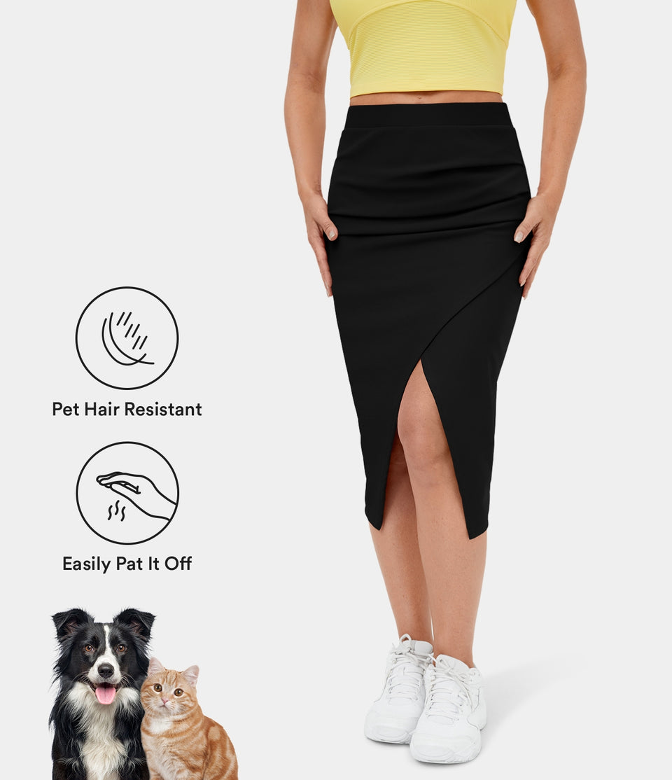 Patitoff® Flow Pet Hair Resistant Ruched Split Hem Bodycon Midi Casual Skirt