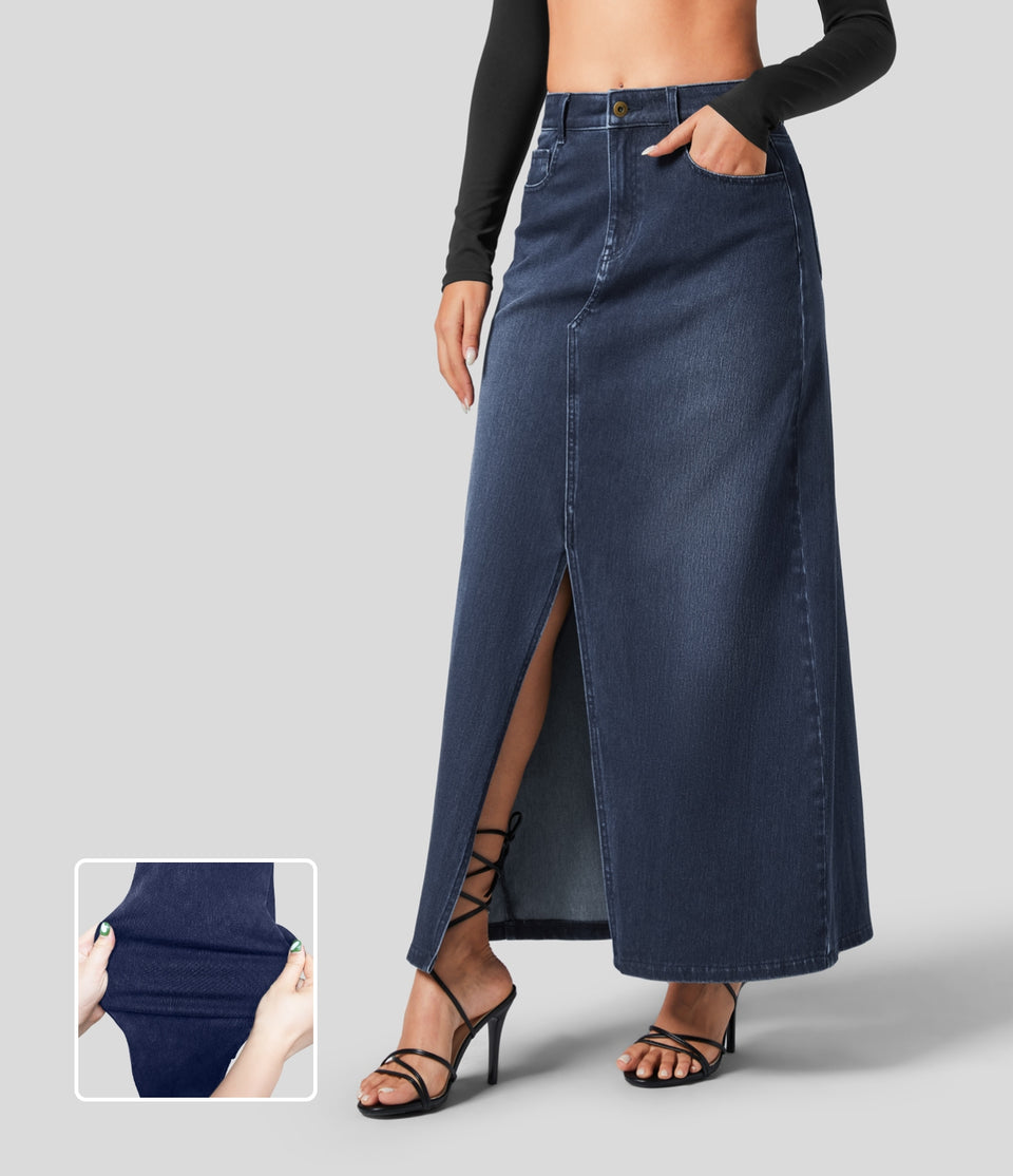 HalaraMagic™ Mid Rise Button Zipper Multiple Pockets Split A Line Stretchy Knit Denim Maxi Casual Skirt