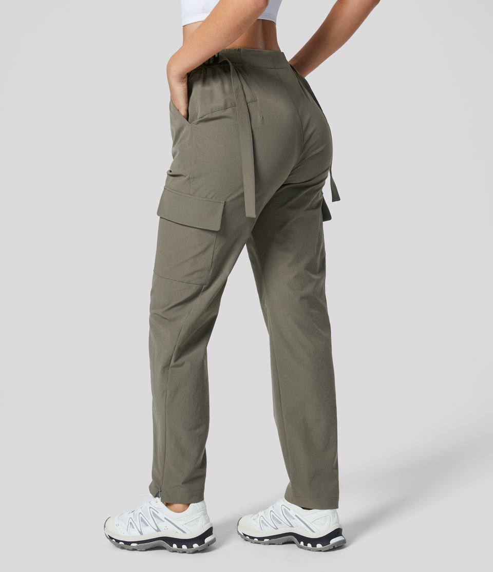 High Waisted Adjustable Waistband  Multiple Pockets Zipper Hem Hiking Cargo Pants