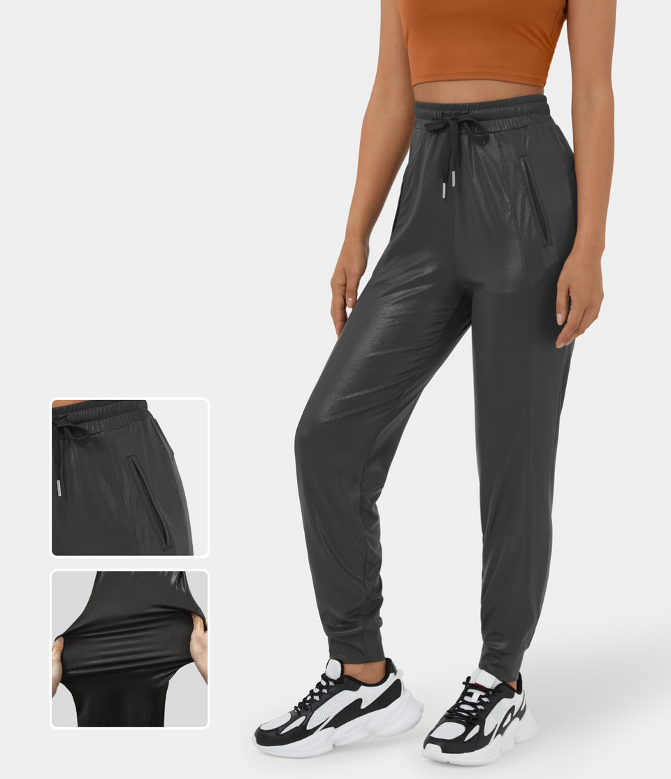 Softlyzero™ Faux Leather High Waisted Drawstring Side Pocket Foil Print Stretchy Casual Joggers