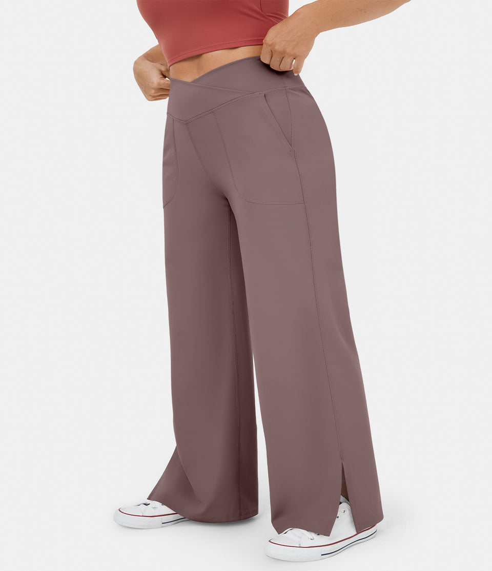 Crossover Pocket Split Hem Plus Size Wide Leg Yoga Pants-Smile