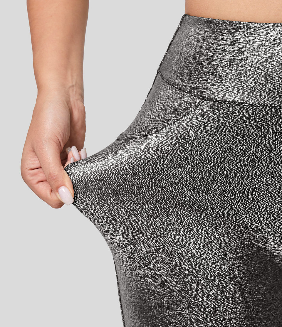 Softlyzero™ Faux Leather High Waisted Back Side Pocket Foil Print Stretchy Capri Yoga Leggings