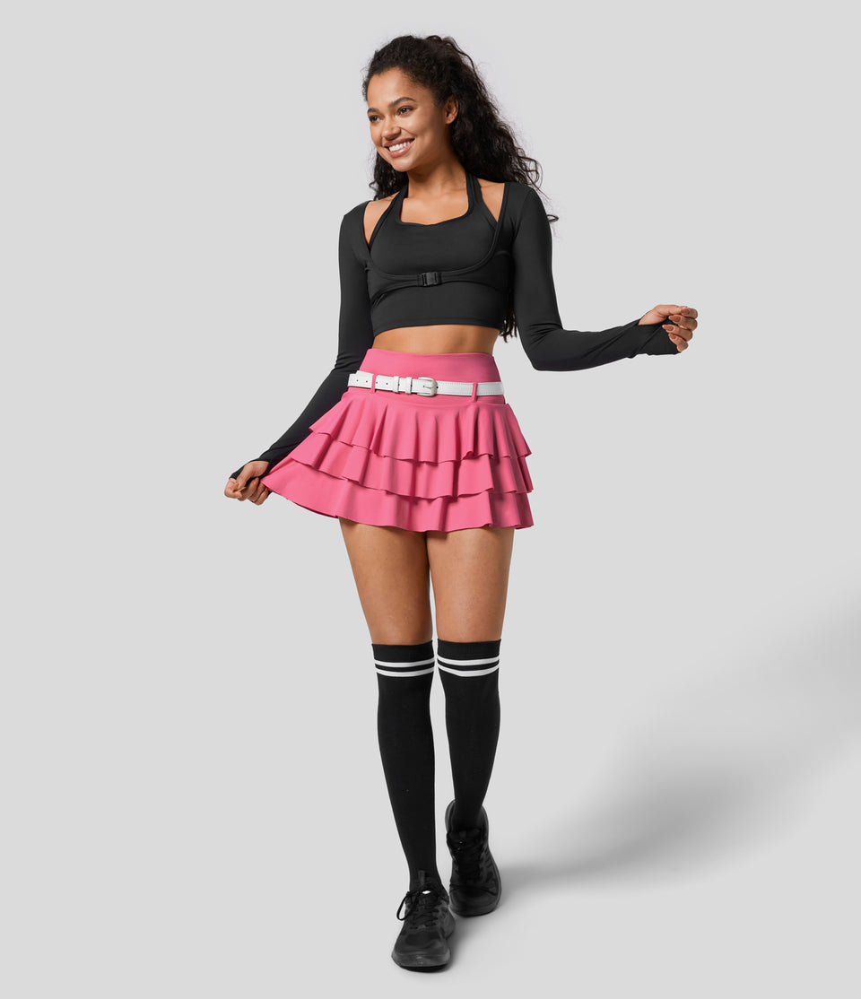 High Waisted Tiered Ruffle 2-in-1 Side Pocket Micro Mini Dance Skirt Without Belt