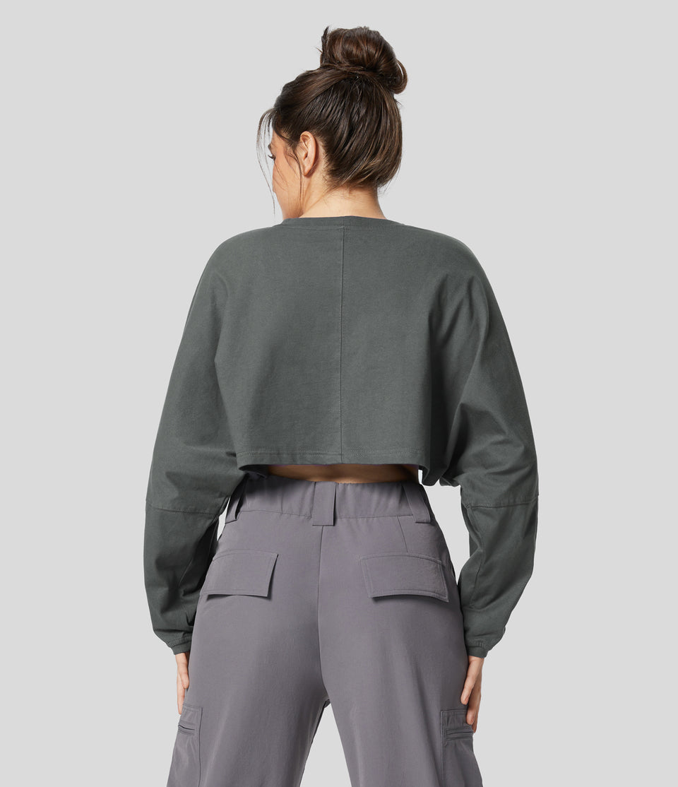 Round Neck Batwing Sleeve Cropped Oversize Casual Cotton Sweatshirt