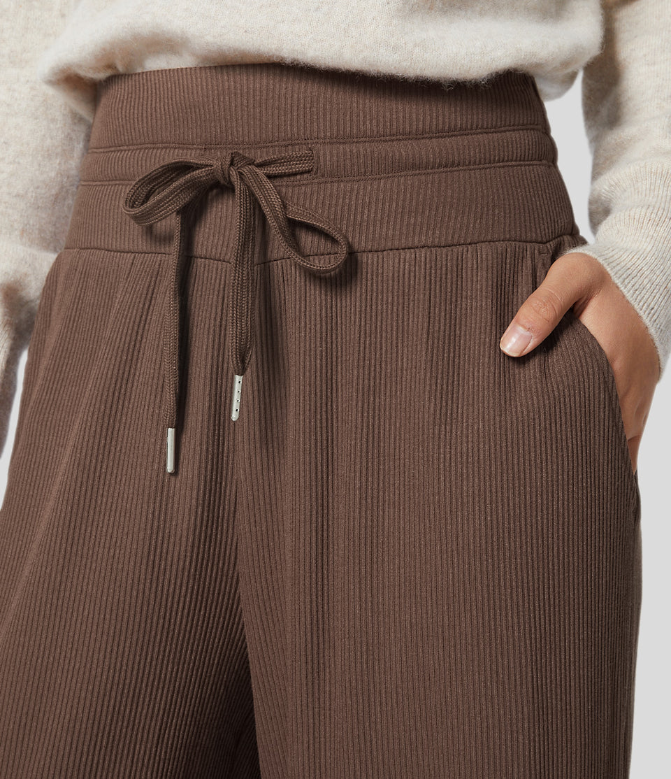 Ribbed Knit High Waisted Drawstring Side Pocket Straight Leg Fleece Lounge Pants
