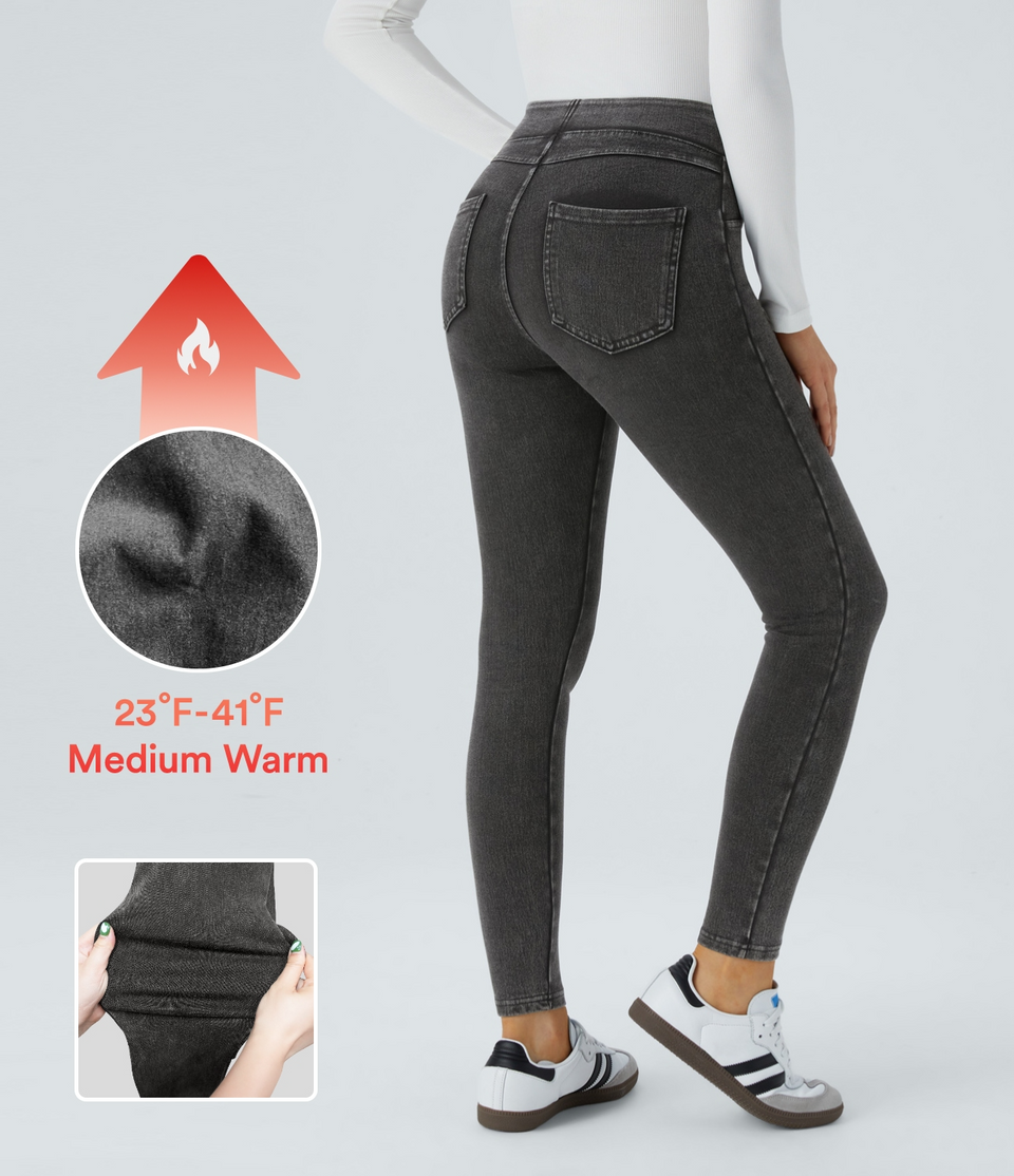 HalaraMagic™ High Waisted Back Side Pocket Stretchy Knit Denim Fleece Casual Leggings