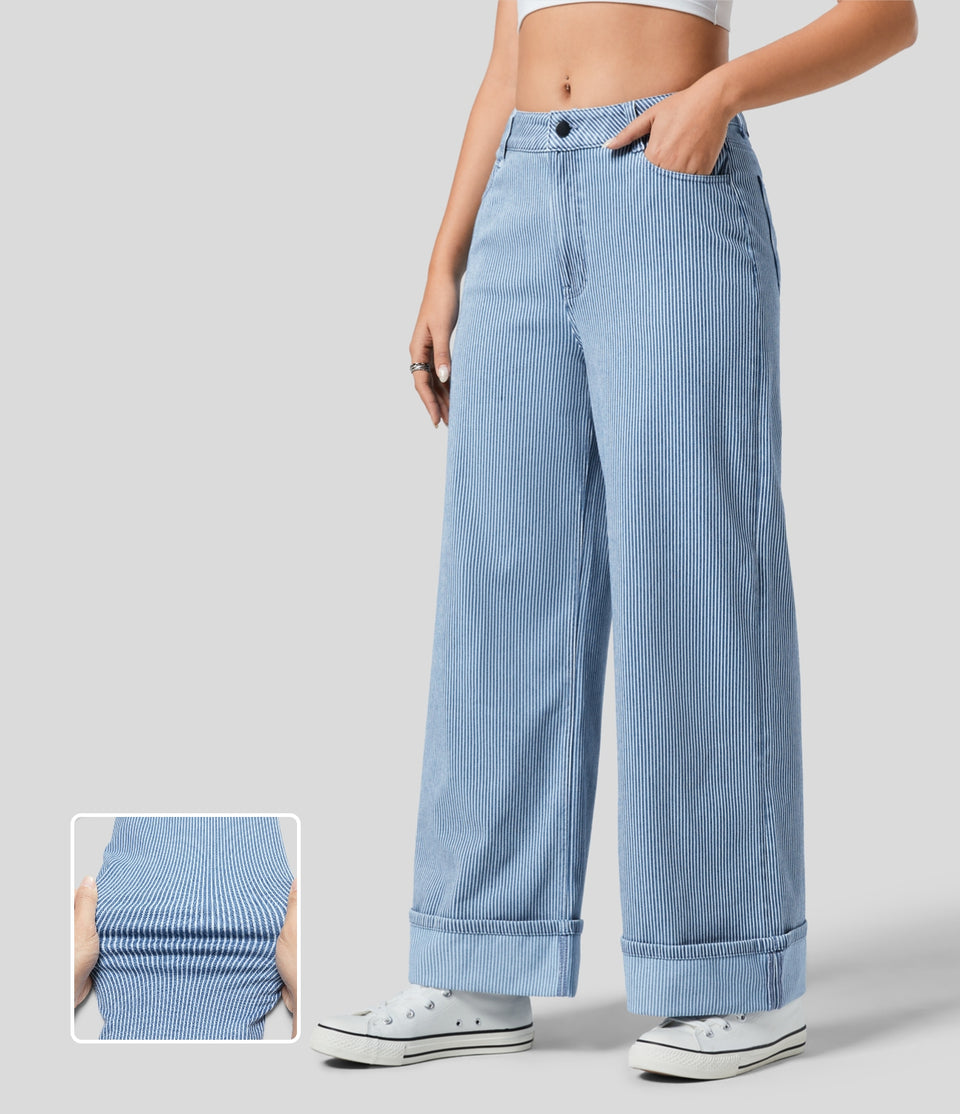 HalaraMagic™ Mid Rise Multiple Pockets Rolled Hem Striped Washed Stretchy Knit Casual Wide Leg Jeans