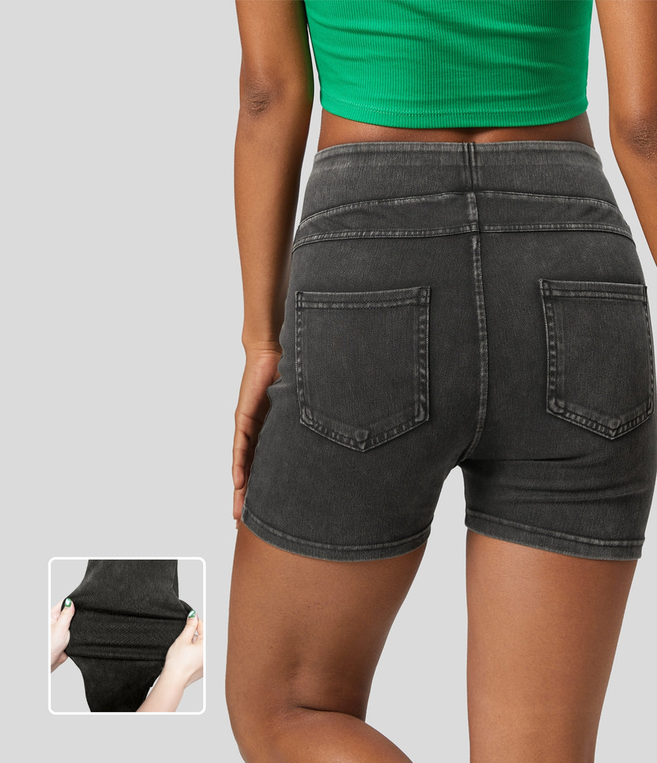 HalaraMagic™ High Waisted Back Side Pocket Stretchy Knit Denim Casual Shorts 3"