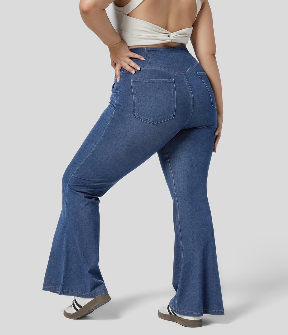 HalaraMagic™ High Waisted Crossover Pocket Cool Touch Breathable Washed Stretchy Knit Plus Size Casual Super Flare Jeans