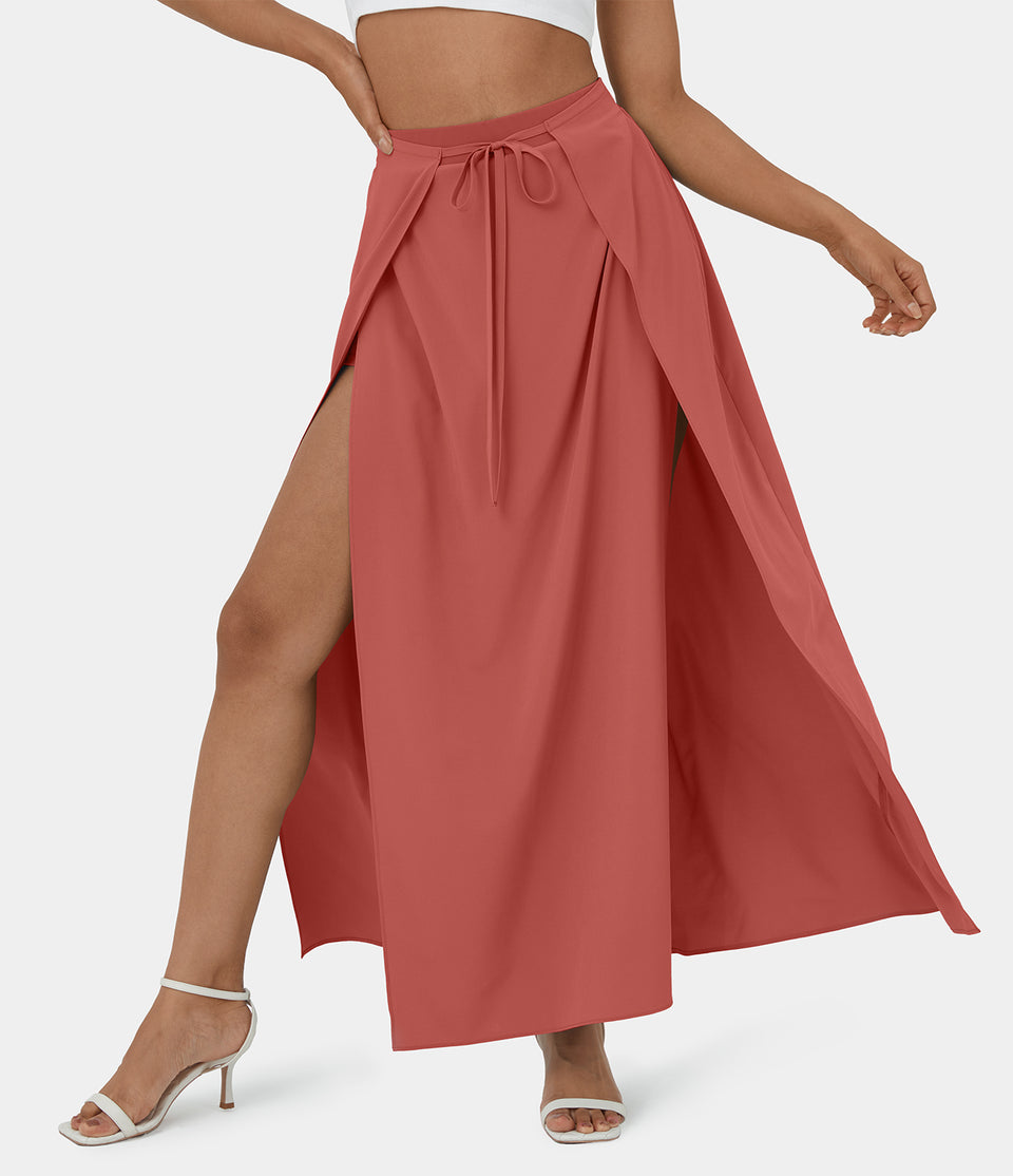 Breezeful™ High Waisted Tie Front Plicated Split Flowy 2-in-1 Maxi Quick Dry Casual Skirt