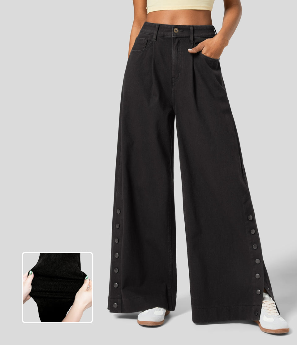 HalaraMagic™ High Waisted Button Zipper Plicated Multiple Pockets Split Stretchy Knit Casual Wide Leg Full Length Jeans