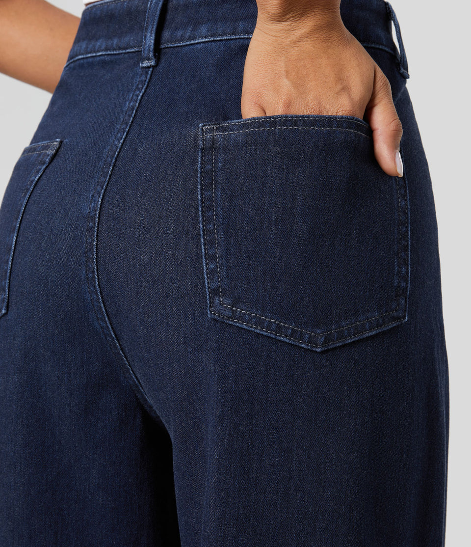 HalaraMagic™ High Waisted Button Zipper Plicated Multiple Pockets Split Stretchy Knit Casual Wide Leg Full Length Jeans