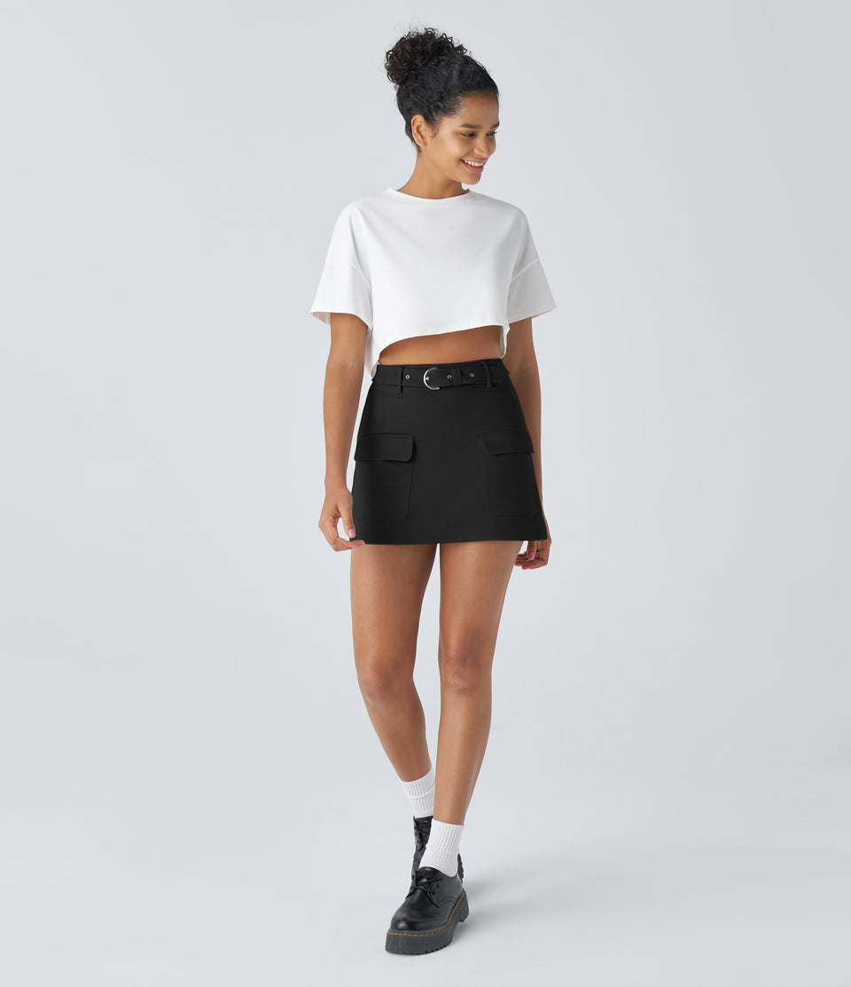 High Waisted Belted Flap Pocket A Line Mini Casual Cargo Skirt