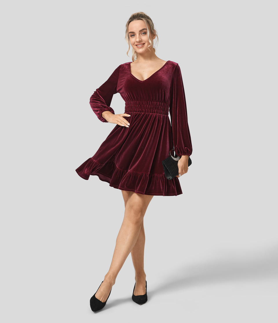 Deep V Neck Long Sleeve Shirred Ruffle Hem Velvet Mini Casual Dress