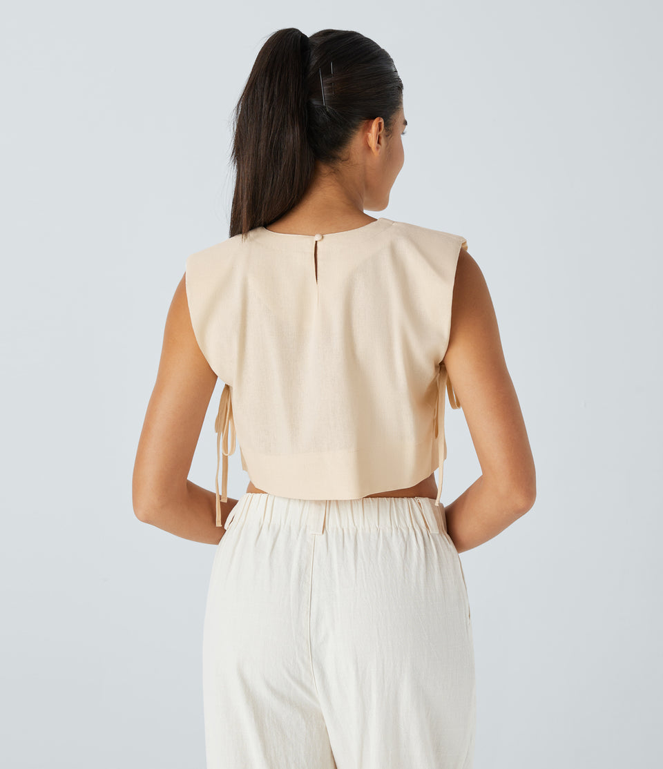 Shoulder Pads Keyhole Back Tie Side Cropped Linen-Blend Resort Vest